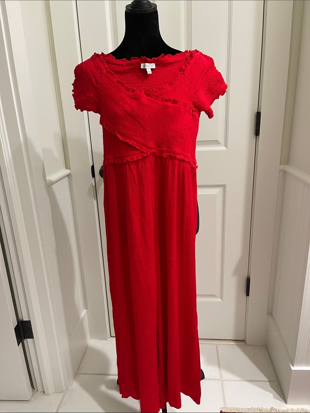 Bright Red Jumpsuit with Textured Stretch Bodice Size M